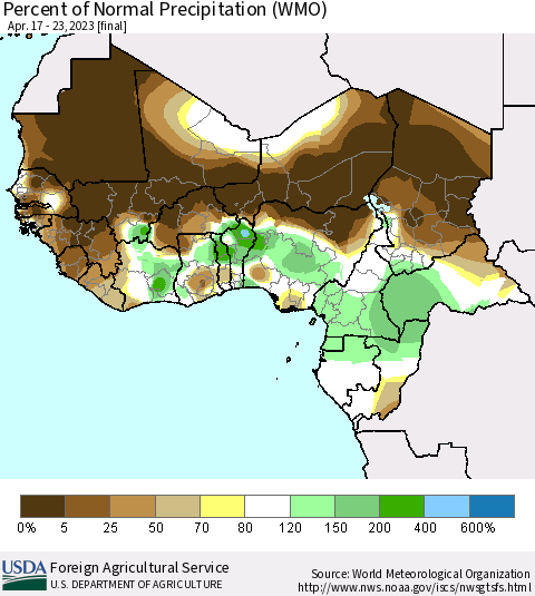 Western Africa Percent of Normal Precipitation (WMO) Thematic Map For 4/17/2023 - 4/23/2023