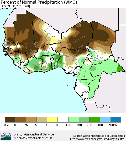 Western Africa Percent of Normal Precipitation (WMO) Thematic Map For 4/24/2023 - 4/30/2023