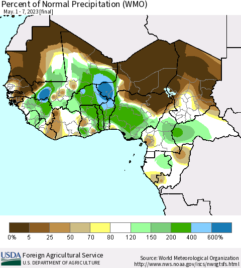 Western Africa Percent of Normal Precipitation (WMO) Thematic Map For 5/1/2023 - 5/7/2023