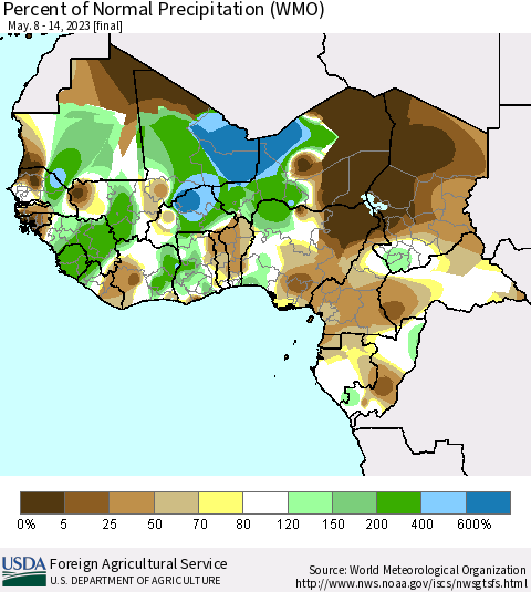 Western Africa Percent of Normal Precipitation (WMO) Thematic Map For 5/8/2023 - 5/14/2023