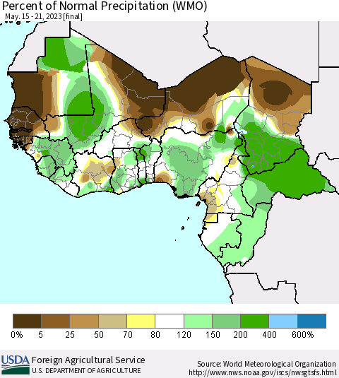 Western Africa Percent of Normal Precipitation (WMO) Thematic Map For 5/15/2023 - 5/21/2023
