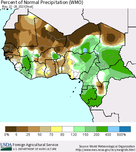 Western Africa Percent of Normal Precipitation (WMO) Thematic Map For 5/22/2023 - 5/28/2023