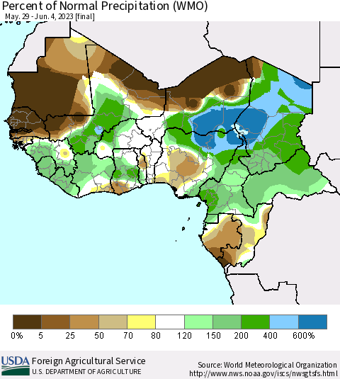 Western Africa Percent of Normal Precipitation (WMO) Thematic Map For 5/29/2023 - 6/4/2023