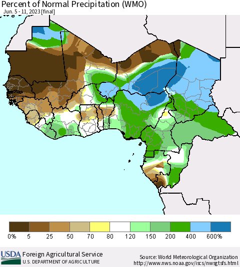 Western Africa Percent of Normal Precipitation (WMO) Thematic Map For 6/5/2023 - 6/11/2023