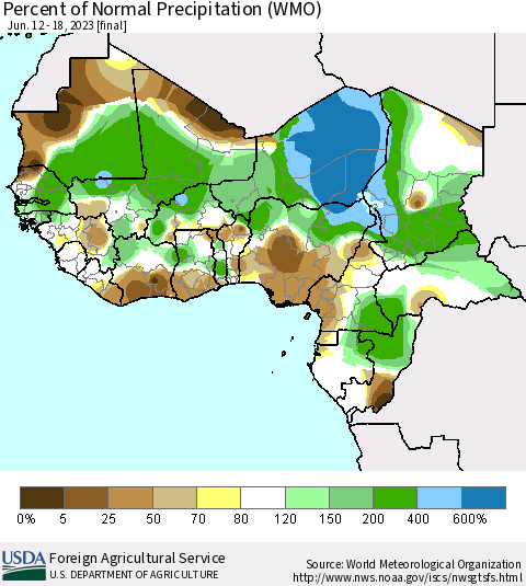 Western Africa Percent of Normal Precipitation (WMO) Thematic Map For 6/12/2023 - 6/18/2023