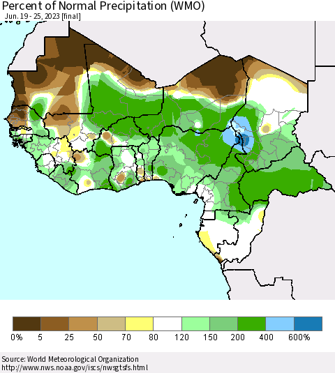 Western Africa Percent of Normal Precipitation (WMO) Thematic Map For 6/19/2023 - 6/25/2023