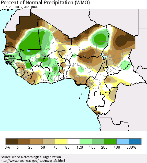 Western Africa Percent of Normal Precipitation (WMO) Thematic Map For 6/26/2023 - 7/2/2023