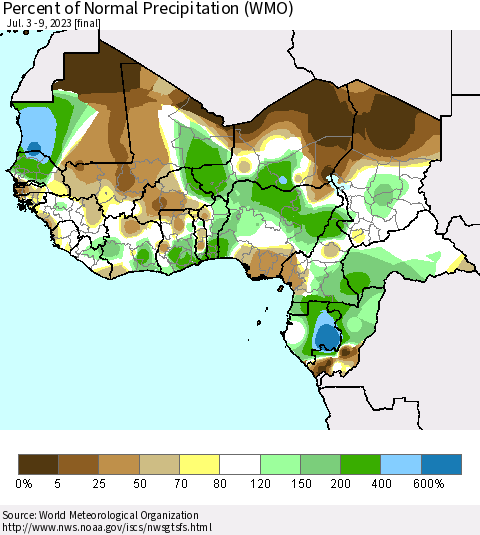 Western Africa Percent of Normal Precipitation (WMO) Thematic Map For 7/3/2023 - 7/9/2023