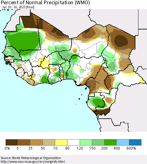 Western Africa Percent of Normal Precipitation (WMO) Thematic Map For 7/10/2023 - 7/16/2023