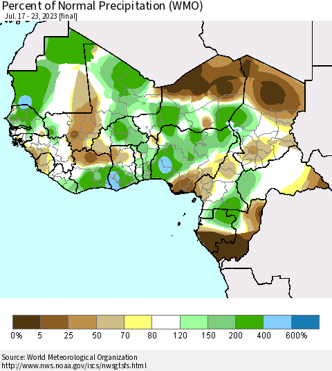 Western Africa Percent of Normal Precipitation (WMO) Thematic Map For 7/17/2023 - 7/23/2023