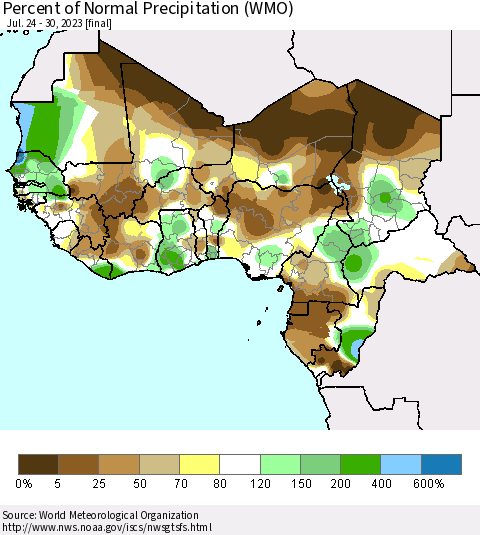 Western Africa Percent of Normal Precipitation (WMO) Thematic Map For 7/24/2023 - 7/30/2023