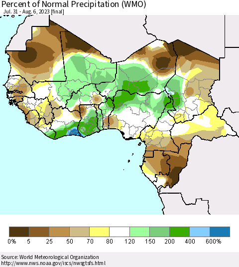 Western Africa Percent of Normal Precipitation (WMO) Thematic Map For 7/31/2023 - 8/6/2023
