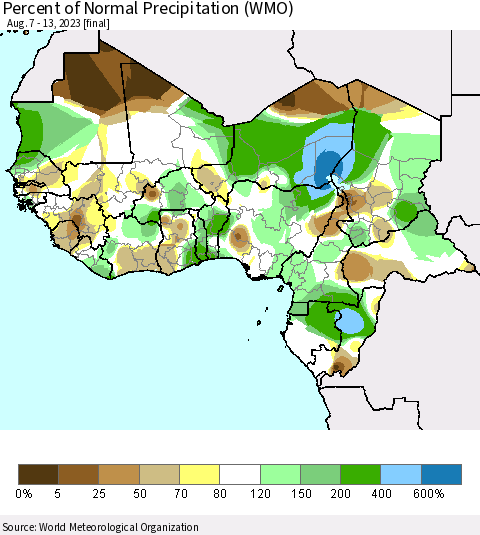 Western Africa Percent of Normal Precipitation (WMO) Thematic Map For 8/7/2023 - 8/13/2023