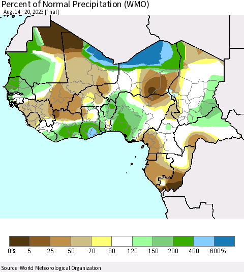 Western Africa Percent of Normal Precipitation (WMO) Thematic Map For 8/14/2023 - 8/20/2023