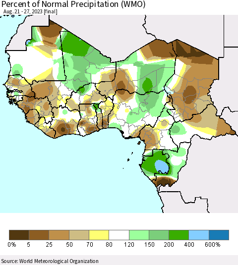 Western Africa Percent of Normal Precipitation (WMO) Thematic Map For 8/21/2023 - 8/27/2023