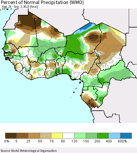 Western Africa Percent of Normal Precipitation (WMO) Thematic Map For 8/28/2023 - 9/3/2023