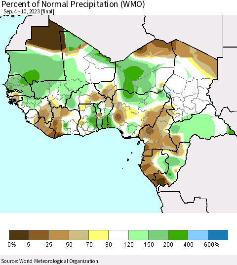 Western Africa Percent of Normal Precipitation (WMO) Thematic Map For 9/4/2023 - 9/10/2023