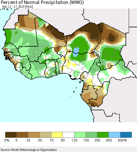 Western Africa Percent of Normal Precipitation (WMO) Thematic Map For 9/11/2023 - 9/17/2023