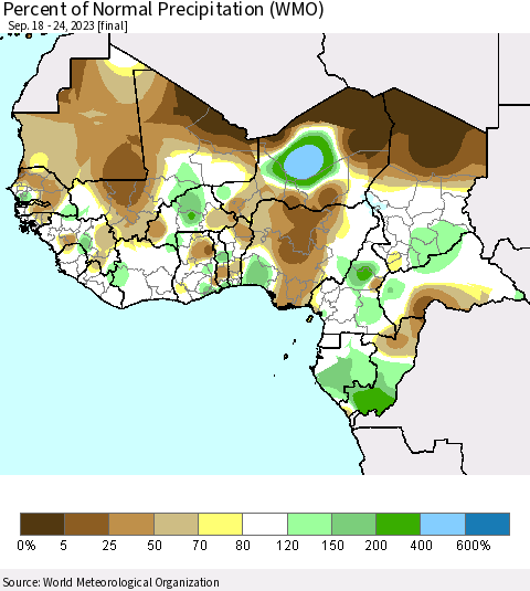 Western Africa Percent of Normal Precipitation (WMO) Thematic Map For 9/18/2023 - 9/24/2023
