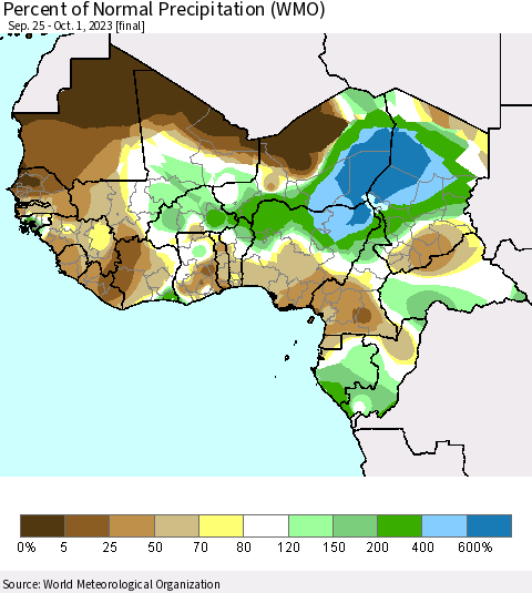 Western Africa Percent of Normal Precipitation (WMO) Thematic Map For 9/25/2023 - 10/1/2023