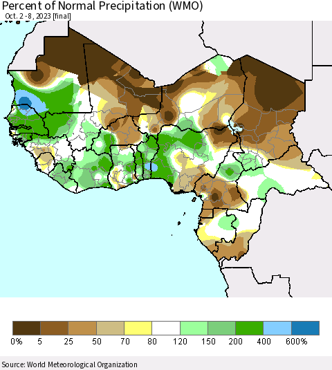 Western Africa Percent of Normal Precipitation (WMO) Thematic Map For 10/2/2023 - 10/8/2023