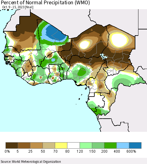 Western Africa Percent of Normal Precipitation (WMO) Thematic Map For 10/9/2023 - 10/15/2023