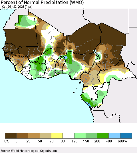 Western Africa Percent of Normal Precipitation (WMO) Thematic Map For 10/16/2023 - 10/22/2023