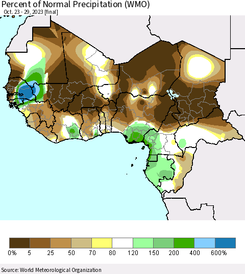 Western Africa Percent of Normal Precipitation (WMO) Thematic Map For 10/23/2023 - 10/29/2023