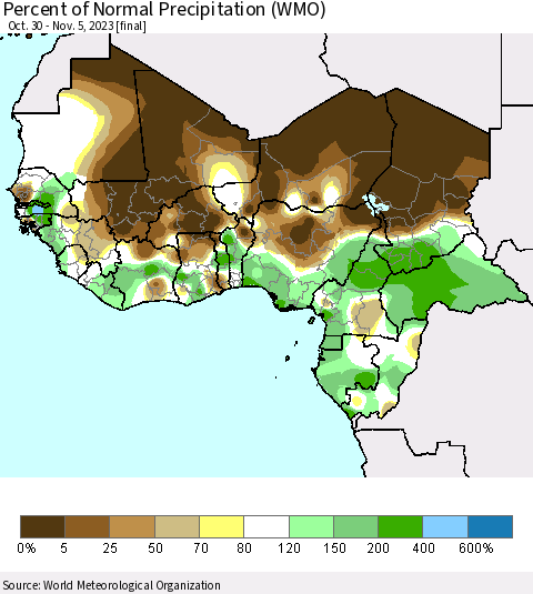 Western Africa Percent of Normal Precipitation (WMO) Thematic Map For 10/30/2023 - 11/5/2023