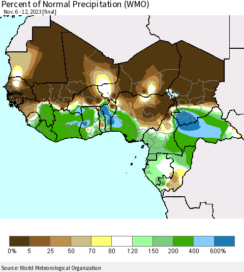 Western Africa Percent of Normal Precipitation (WMO) Thematic Map For 11/6/2023 - 11/12/2023
