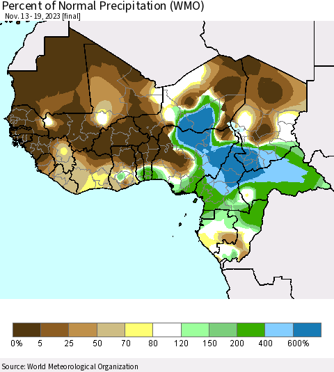 Western Africa Percent of Normal Precipitation (WMO) Thematic Map For 11/13/2023 - 11/19/2023