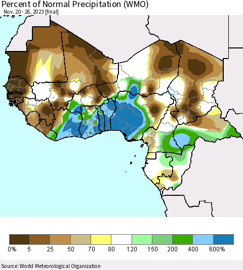 Western Africa Percent of Normal Precipitation (WMO) Thematic Map For 11/20/2023 - 11/26/2023