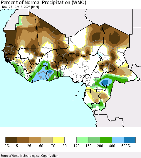 Western Africa Percent of Normal Precipitation (WMO) Thematic Map For 11/27/2023 - 12/3/2023