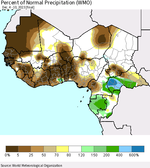 Western Africa Percent of Normal Precipitation (WMO) Thematic Map For 12/4/2023 - 12/10/2023