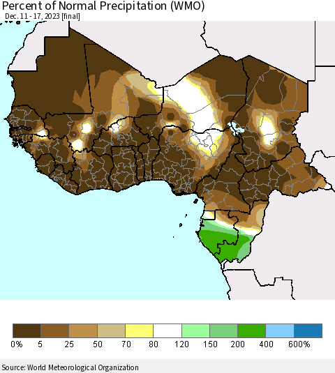 Western Africa Percent of Normal Precipitation (WMO) Thematic Map For 12/11/2023 - 12/17/2023