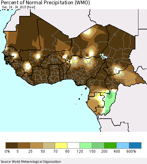 Western Africa Percent of Normal Precipitation (WMO) Thematic Map For 12/18/2023 - 12/24/2023