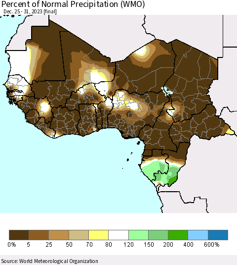 Western Africa Percent of Normal Precipitation (WMO) Thematic Map For 12/25/2023 - 12/31/2023