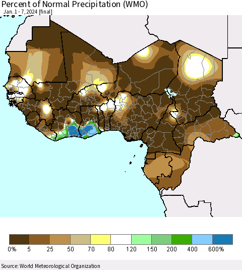 Western Africa Percent of Normal Precipitation (WMO) Thematic Map For 1/1/2024 - 1/7/2024