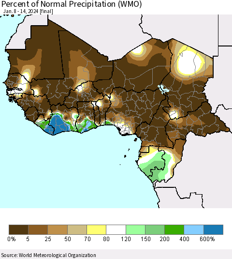 Western Africa Percent of Normal Precipitation (WMO) Thematic Map For 1/8/2024 - 1/14/2024