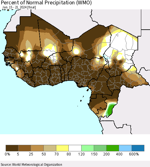 Western Africa Percent of Normal Precipitation (WMO) Thematic Map For 1/15/2024 - 1/21/2024