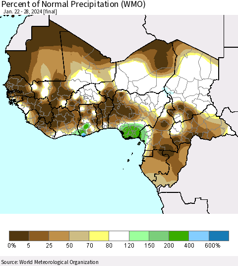 Western Africa Percent of Normal Precipitation (WMO) Thematic Map For 1/22/2024 - 1/28/2024