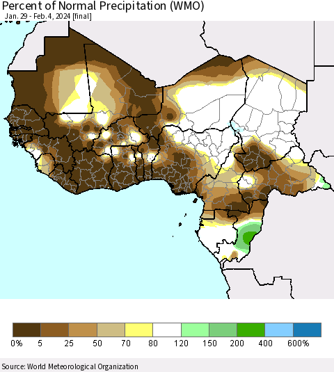 Western Africa Percent of Normal Precipitation (WMO) Thematic Map For 1/29/2024 - 2/4/2024