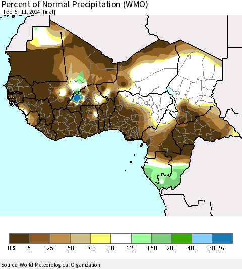 Western Africa Percent of Normal Precipitation (WMO) Thematic Map For 2/5/2024 - 2/11/2024