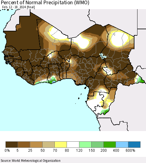 Western Africa Percent of Normal Precipitation (WMO) Thematic Map For 2/12/2024 - 2/18/2024
