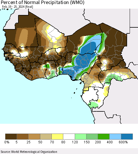 Western Africa Percent of Normal Precipitation (WMO) Thematic Map For 2/19/2024 - 2/25/2024