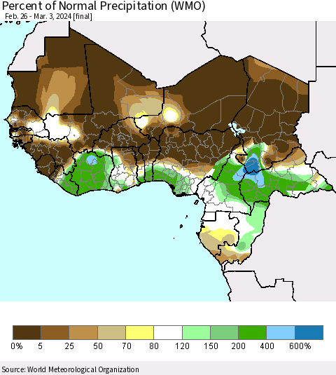 Western Africa Percent of Normal Precipitation (WMO) Thematic Map For 2/26/2024 - 3/3/2024