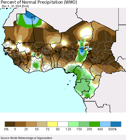 Western Africa Percent of Normal Precipitation (WMO) Thematic Map For 3/4/2024 - 3/10/2024