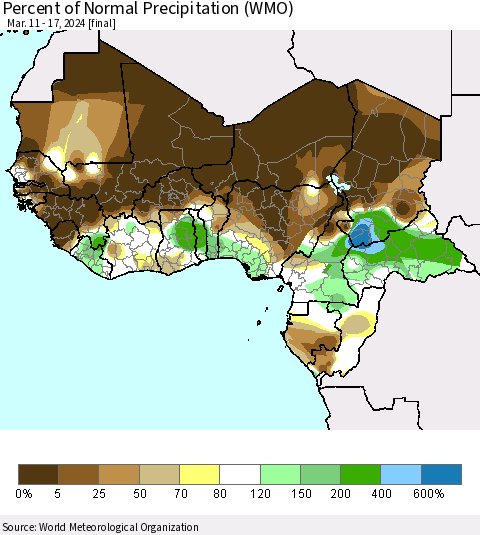 Western Africa Percent of Normal Precipitation (WMO) Thematic Map For 3/11/2024 - 3/17/2024