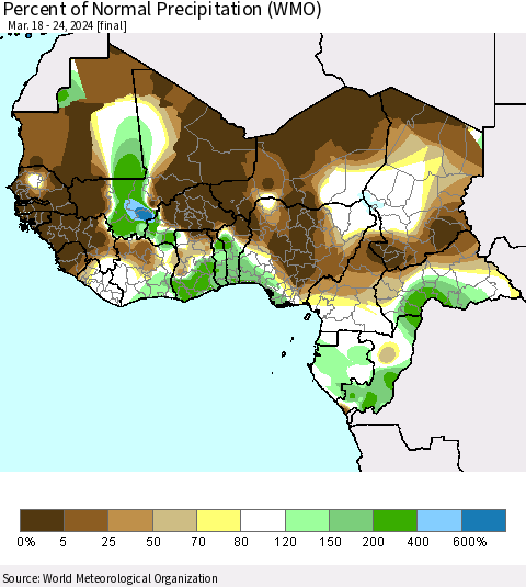 Western Africa Percent of Normal Precipitation (WMO) Thematic Map For 3/18/2024 - 3/24/2024