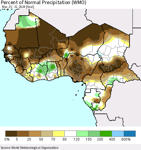 Western Africa Percent of Normal Precipitation (WMO) Thematic Map For 3/25/2024 - 3/31/2024